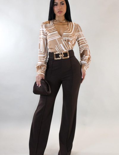 Geometric Wrap Blouse - Camel & Ivory