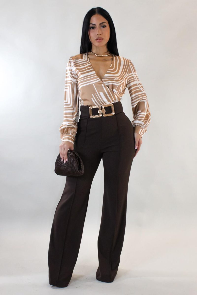 Geometric Wrap Blouse - Camel & Ivory