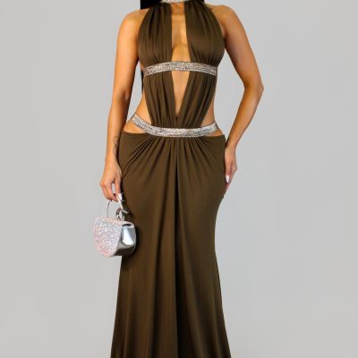 At Midnight Gardens Dress - Olive Brown