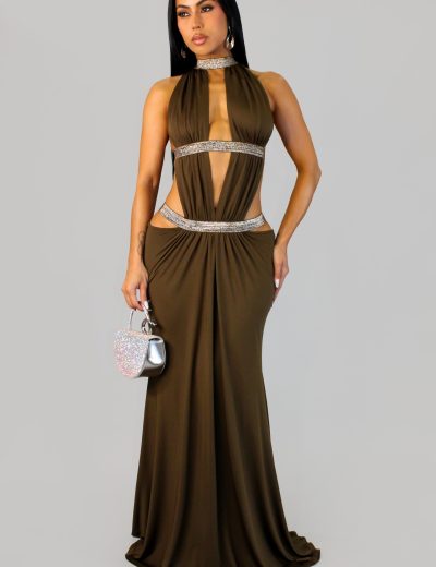 At Midnight Gardens Dress - Olive Brown