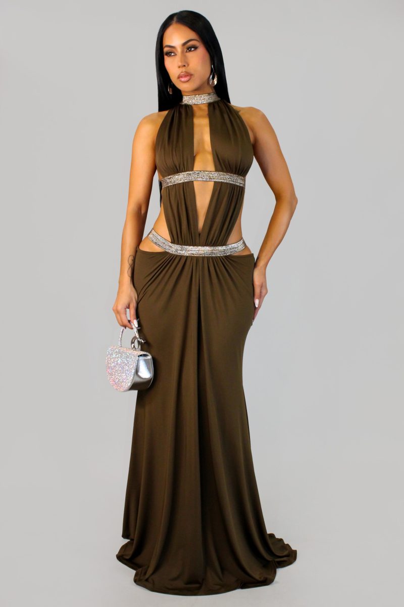 At Midnight Gardens Dress - Olive Brown